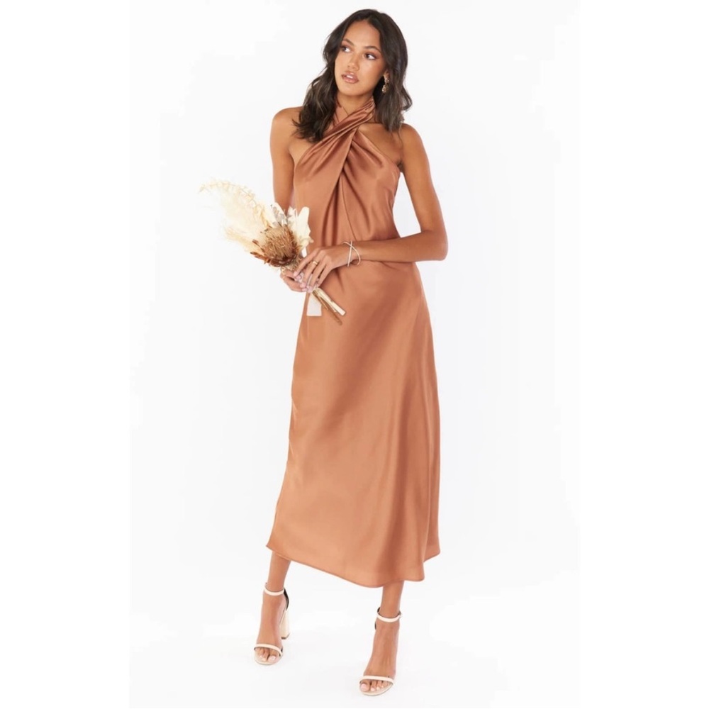 Show Me Your Mumu Jasmine Halter Midi Dress Copper Luxe Satin XL